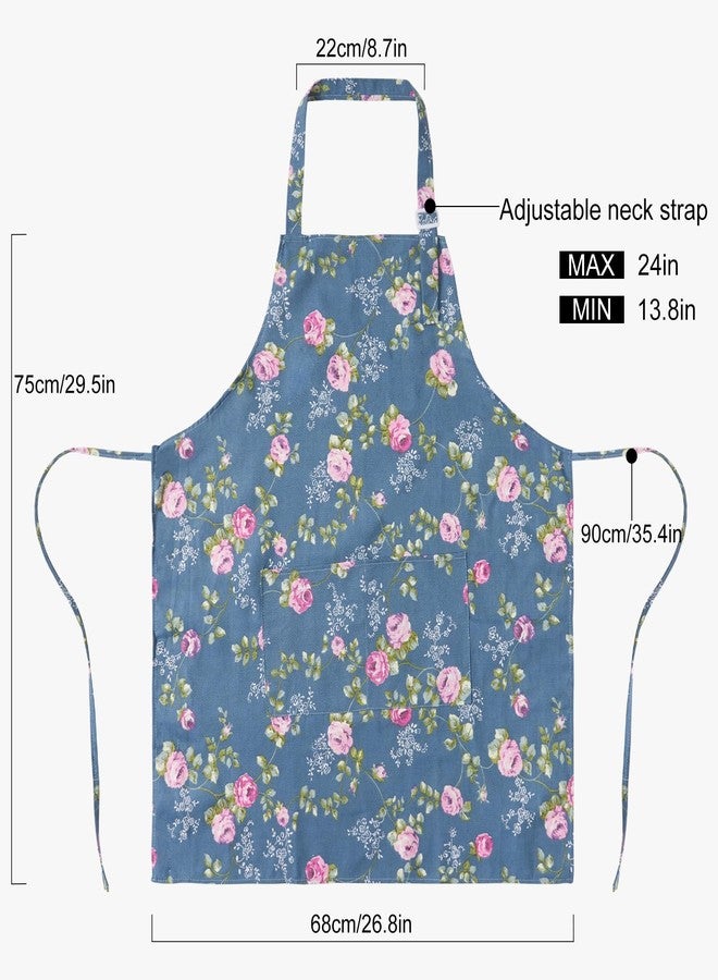 DILLMAN Aprons for Women with Pockets Cotton Linen Cooking Kitchen Baking Soft Durable Floral Gardening Apron (Blue) - Image 3